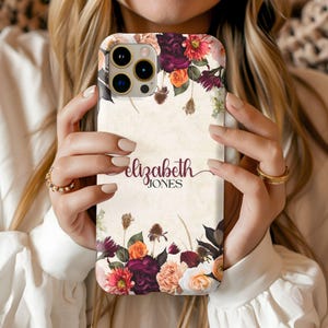 Gepersonaliseerde bloemen iPhone-hoesje, aangepast bloemenhoesje, telefoonhoesje aangepaste naam, luxe telefoonhoesje, rozengoud iPhone 16, 15, 14, 13, 12