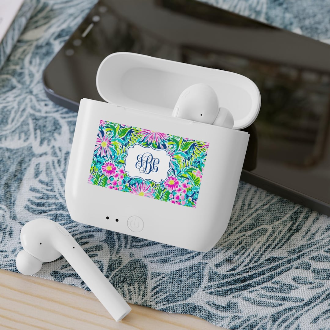 Stylish Wireless Earbud Case, Floral Monogram Cover, Personalized ...