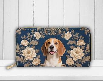 Beagle Dog Floral Wallet, Zip Around PU Leather Purse