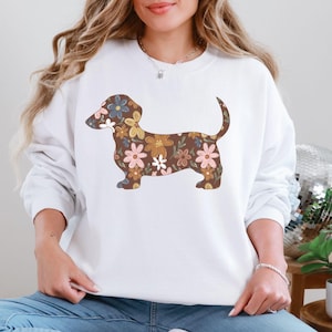Dackel Hund Boho Wildblumen Sweatshirt, Floral Hund Mama Shirt, Cottagecore Rundhalspullover, Geschenk für Hundeliebhaber, Doxie Hund Mama Geschenk