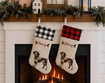 Op de afbeelding: Twee crèmekleurige kerstsokken met een illustratie van een bruin-witte hond met een kleurrijk patchworkpatroon. Eén sok heeft een zwart-wit geruite boord, de andere een rood-zwarte boord. Beide zijn voorzien van de naam Daisy in rode letters.