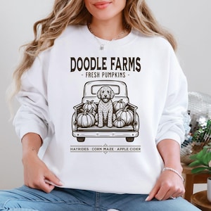 Fall Goldendoodle Pumpkin Farm Shirt, Personalized Doodle T-Shirt, Fall Dog Mom Gift for Women, Halloween Golden Doodle Gift, Plus-Sized Tee