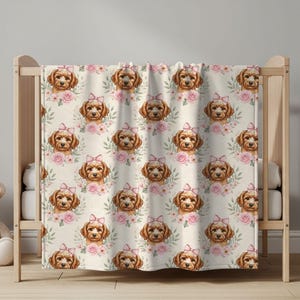 Cavapoo Baby Blanket, Puppy Floral Nursery Decor, Girl Newborn Gift
