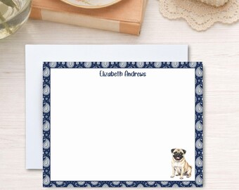 Biglietti di auguri personalizzati con carlino, carta da lettere con bandana blu Paisley
