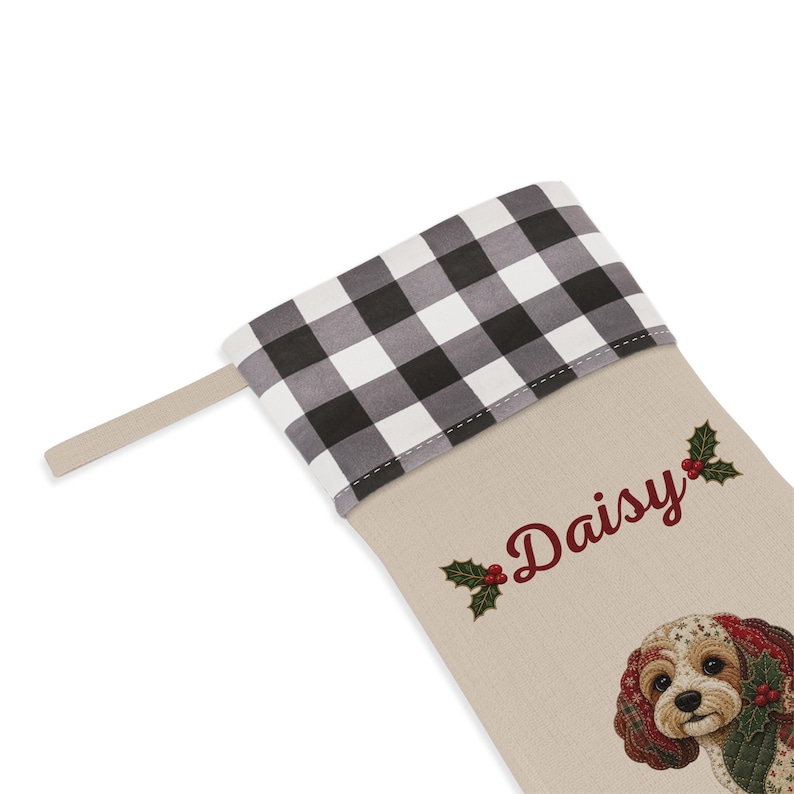 Kerstsok met nep-patchworkprint voor een Cavapoo | Gepersonaliseerde kerstsok met hondennaam afbeelding 5