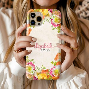 Gepersonaliseerde bloemen iPhone-hoesje, aangepast bloemenhoesje, telefoonhoesje aangepaste naam, luxe telefoonhoesje, rozengoud iPhone 16, 15, 14, 13, 12