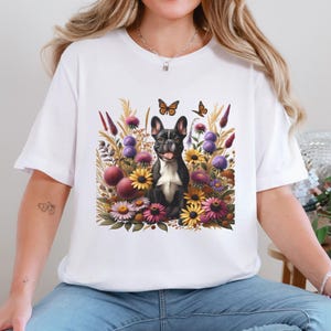 Chemise fleurs sauvages bouledogue français, col rond floral pour amoureux des chiens Frenchie, pull botanique de maman Frenchie, cadeau pour propriétaire de bouledogue français