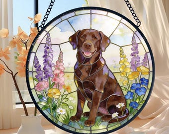 Personalized Chocolate Labrador Stained Glass Suncatcher, Dog Memorial