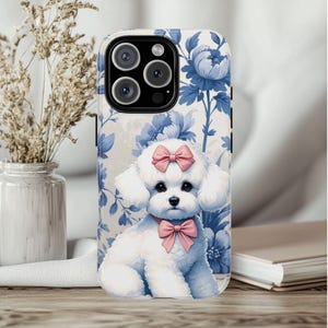 Bichon Frise Blue Toile Chinoiserie Phone Case iPhone 16, 15, 14, 13 Pro Max Plus Case Floral Tough Phone Case Bichon Mom Dog Lover Gift