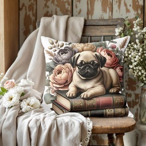 Pug Dog Throw Pillow, Vintage Cottagecore Floral Dog Decor for Book Lovers, Pug Pillow Cushion with Books and Flowers, Dog Mom Gift