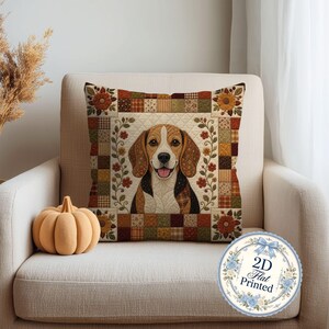 Beagle Throw Pillow or Cover, Faux Autumn Patchwork Quilt Cushion, Fall Farmhouse Cottage Decor