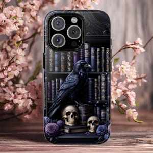 Purple Gothic Raven Bookshelf Phone Case, Gift for Book Lovers, Library Dark Academia Aesthetic, iPhone 16 15, GalaxyS25, Pixel 9 Pro Case