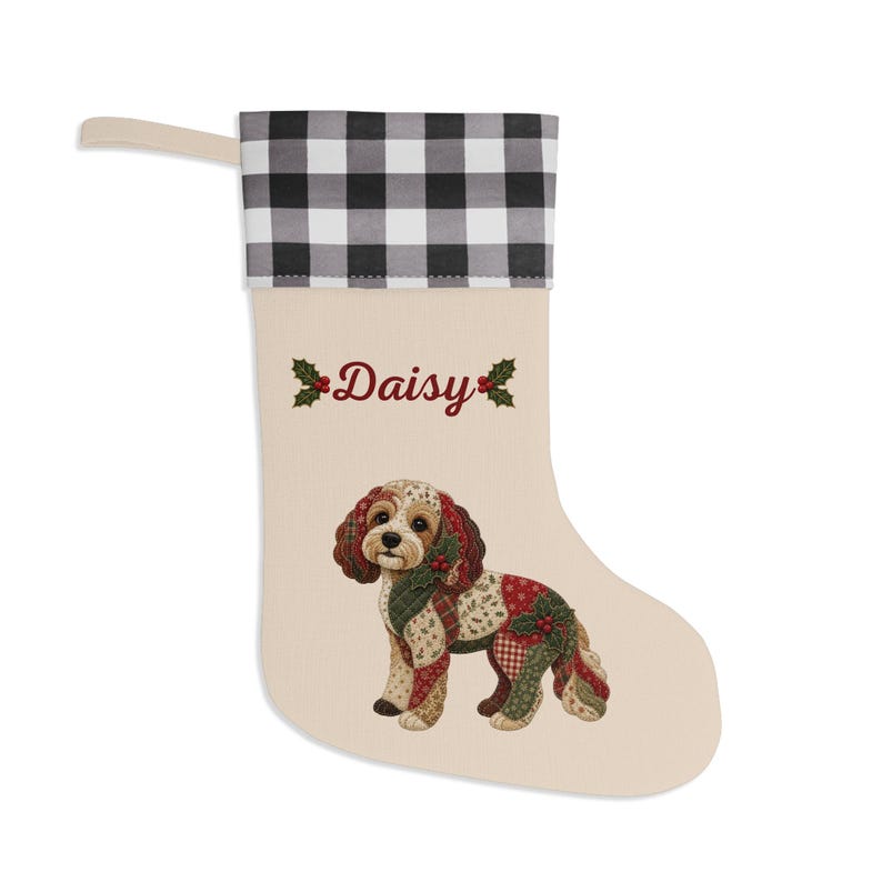 Kerstsok met nep-patchworkprint voor een Cavapoo | Gepersonaliseerde kerstsok met hondennaam afbeelding 3
