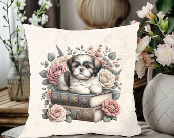 Shih Tzu Hund auf Vintage Bücher Kissen, dekoratives Dekokissen