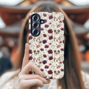 Funda para teléfono Samsung Galaxy Google Pixel con estampado floral de pastor australiano y ciruelas / Funda para teléfono con estampado de perro australiano