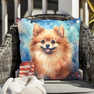 Patriotic Pomeranian Pillow Americana Pet Decor, Square Pillow for Dog Lovers, Independence Day Home Decor, Dog Pillow, Animal Lover Gift