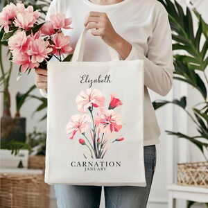 Geburtsmonat Blume Personalisierte Canvas Tragetasche, Bachelorette Brautjungfer Geschenke, Geburtstagsgeschenk für sie, Hochzeitsgeschenk, individuelles Geschenk für Mama