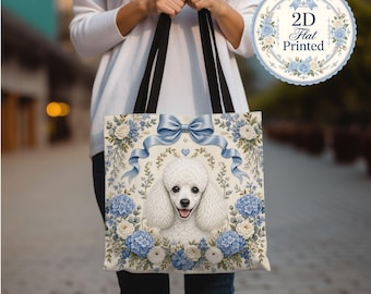 Witte tas met poedelprint en bloemenmotief, Grandmillennial hondenliefhebber canvas tas