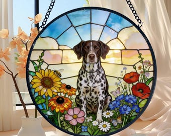 Personalized German Shorthaired Pointer Suncatcher, Floral Stained Glass Style Dog Memorial