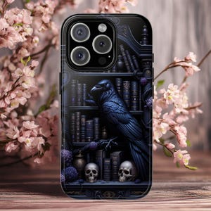 Purple Gothic Raven Bookshelf Phone Case, Gift for Book Lovers, Library Dark Academia Aesthetic, iPhone 16 15, GalaxyS25, Pixel 9 Pro Case