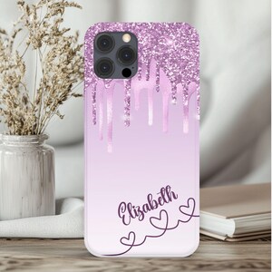 Personalized iPhone Case with Purple Glitter Drip Design, Customizable Phone Cover, Fun Girly Gifts for Her, Stylish Tech Accessory