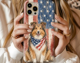Patriotic Shetland Sheepdog with American Flag Bandana Phone Case for iPhone Samsung Galaxy and Google Pixel