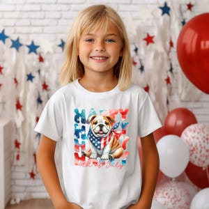 独立記念日ブルドッグキッズユースTシャツ、独立記念日ブルドッグシャツ、ブルドッグギフト、犬の誕生日7月4日愛国心Tシャツ