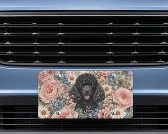 Targa per auto con barboncino nero, targa per auto "Mamma di cane", fiori ad acquerello vintage, regalo commemorativo per animali domestici