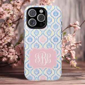 Custom Monogram iPhone Case Personalized Preppy Grandmillennial Floral Phone Case for iPhone 16, 15, 14 Pro 13 Pro Max 12 Mini Plus 11