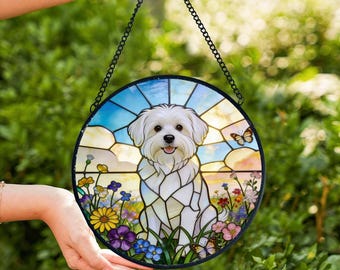 Personalized Maltese Suncatcher, Floral Stained Glass Style Custom Dog Memorial