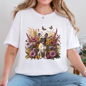 Chemise fleurs sauvages bouledogue français, col rond floral pour amoureux des chiens Frenchie, pull botanique de maman Frenchie, cadeau pour propriétaire de bouledogue français