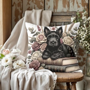 Scottish Terrier Dog Throw Pillow, Vintage Floral Dog Decor for Book Lovers, Scottie Pillow Cushion with Books and Flowers