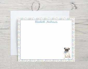 Set di biglietti di auguri personalizzati con carlino, cancelleria floreale