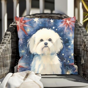 Patriotic Maltese Pillow Americana Pet Decor, Square Pillow for Dog Lovers, Independence Day Home Decor, Dog Pillow, Animal Lover Gift