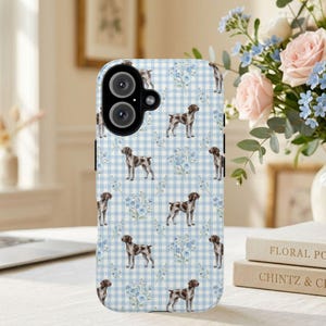 German Shorthaired Pointer Phone Case, Blue Gingham Floral Dog Cover, Cottagecore Style