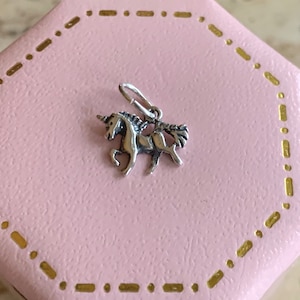 Könnte beinhalten: Ein silberner Einhorn-Anhänger mit einer Schlaufe zum Anbringen an einer Halskette oder einem Armband. Der Anhänger liegt auf einer rosa Schachtel mit goldenen Akzenten.