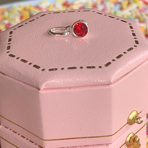 May include: A small red gemstone charm with a silver loop, displayed in a pink octagonal box with gold trim.