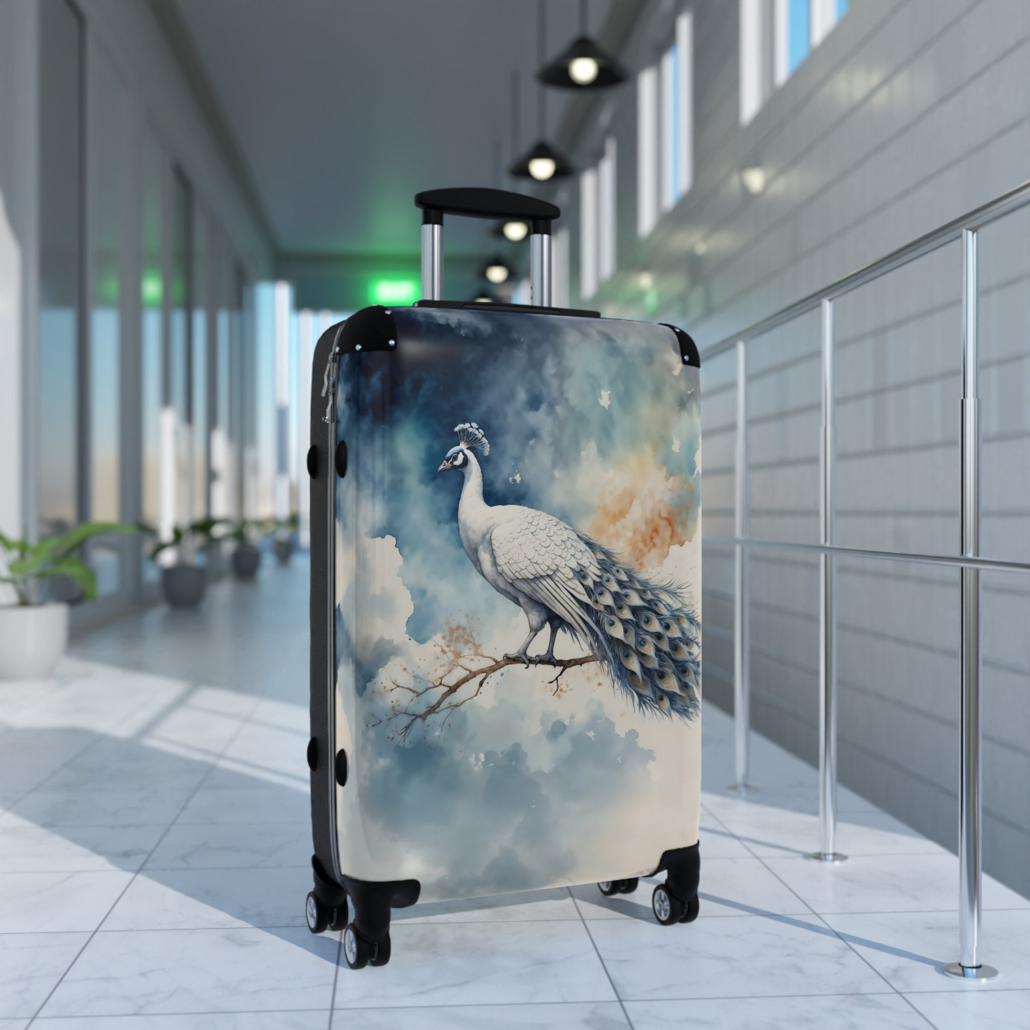 Celestial Watercolor White-Blue Peacock Portrait Suitcase