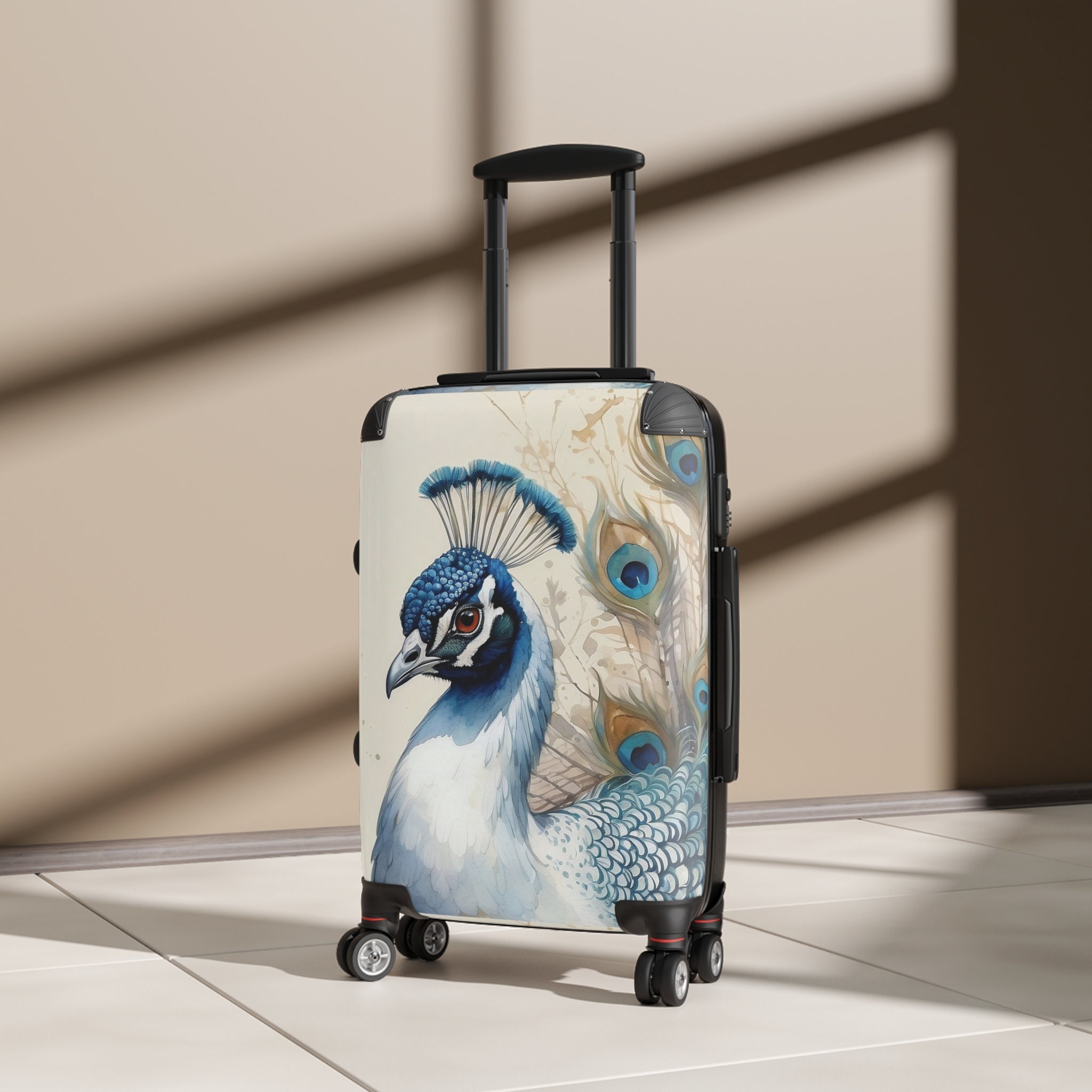 Precious Watercolor White-Blue Peacock Portrait Suitcase