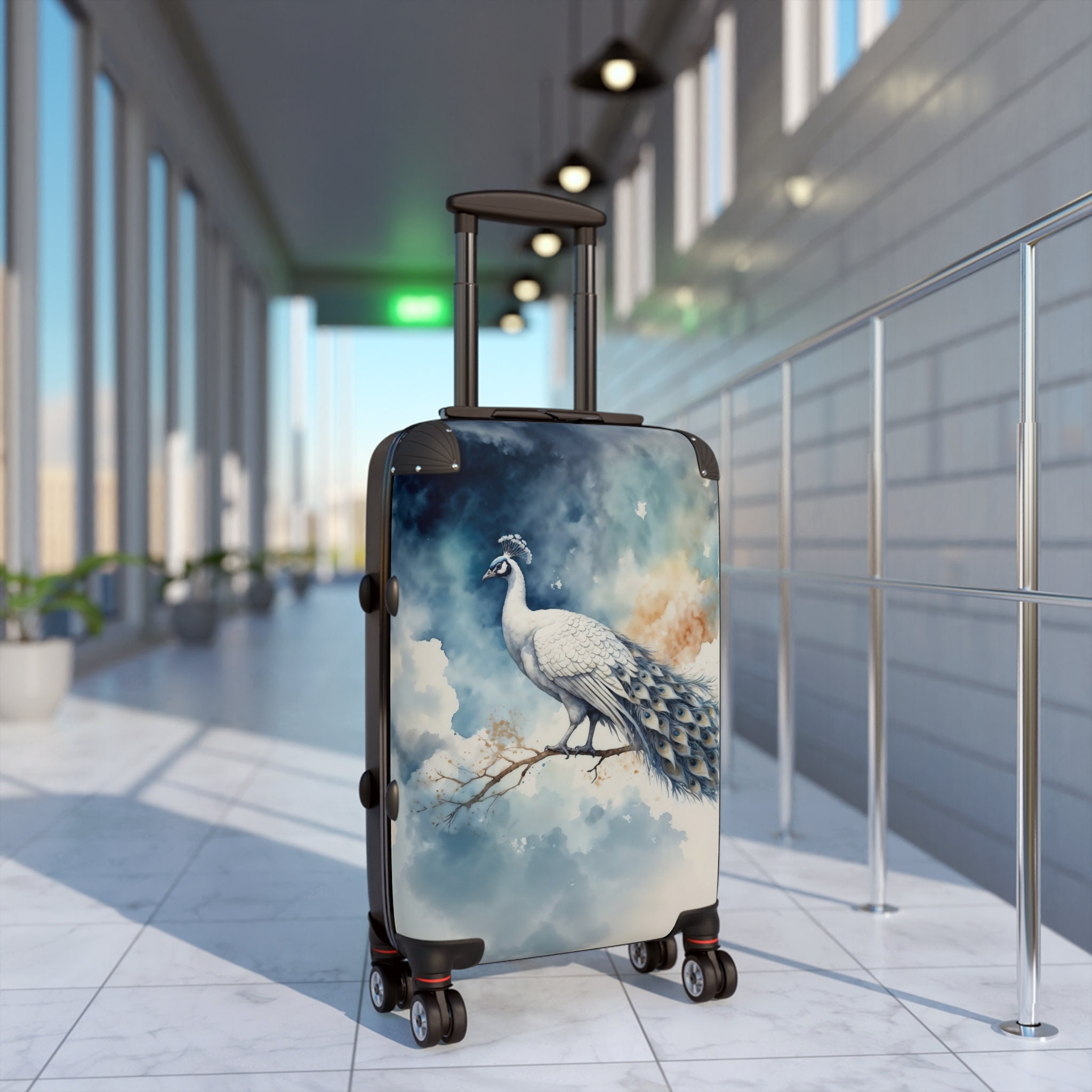 Celestial Watercolor White-Blue Peacock Portrait Suitcase