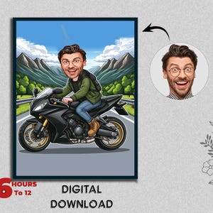 Aangepaste karikatuur van een motorrijder, perfect voor motorrijders en motorliefhebbers Karikatuur verjaardagscadeau foto naar cartoon digitale download