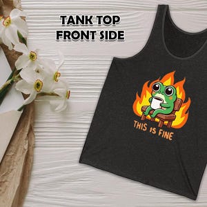 Funny Frog Meme Tank Top – “This Is Fine” Comic Fire Scene – Cute Kawaii Frog Shirt – Unisex Sleeveless Summer Tee – Viral Graphic Tank Top
