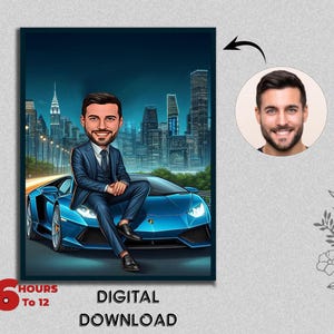 Custom Business Man with Luxury Car Caricature - Personalized Executive Portrait Gift for Him. Success Celebration, Luxury Lifestyle Art