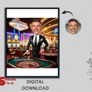 Caricatura personalizzata di un cartone animato maschile di Las Vegas da foto Uomini che giocano a carte, giocatore d'azzardo, serata fuori, club di poker, roulette, regalo, download digitale