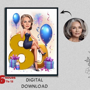 Regalo de caricatura de 80 cumpleaños a medida Ilustración personalizada Celebración de un hito único Recuerdo divertido y memorable que se puede crear para cualquier edad