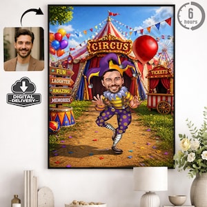 May include: A digital art print depicting a cartoon jester with a circus tent backdrop. The jester holds a red balloon. Signs read "Fun, Laughter, Amazing, Memories". A portrait and "Digital Delivery" icon are also included.
