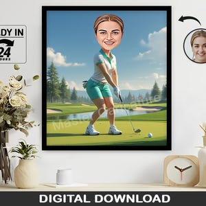 Ritratto caricaturale personalizzato di golfista, cartone animato personalizzato di golfista, regalo di golf unico per uomo, download digitale di opere d&#39;arte sportive, idea regalo divertente