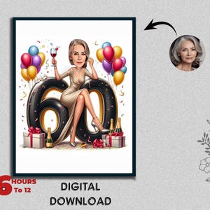 Regalo de caricatura de cumpleaños número 60 personalizado Ilustración personalizada Celebración de un hito único Recuerdo divertido y memorable que se puede crear para cualquier edad