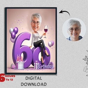 オーダーメイドの60歳の誕生日似顔絵ギフト。パーソナライズされたイラスト。ユニークな節目のお祝い。楽しくて思い出に残る記念品。あらゆる年齢層に作成できます。