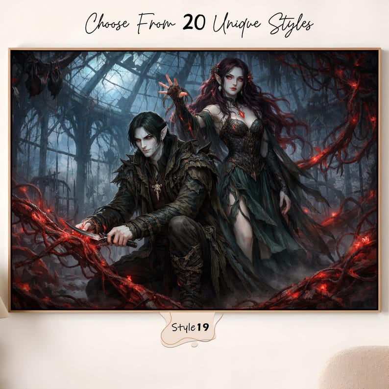 Puede incluir: Impresi&oacute;n art&iacute;stica enmarcada que muestra a dos figuras en un entorno de bosque oscuro. El hombre est&aacute; arrodillado con una espada, y la mujer con la mano extendida. El texto dice "Choose From 20 Unique Styles" y "Style 19".